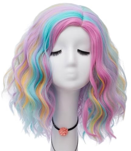 NiceLisa Frauen 16 Zoll Mittellanges Seitenteil Bunte Curly Wave Tägliche Halloween Cosplay Perücke for Erwachsene