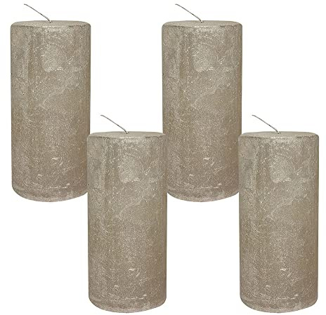 4 Rustic Stumpenkerzen Premium Kerze Silber-Gold lackiert 7x15cm - 65 Std Brenndauer