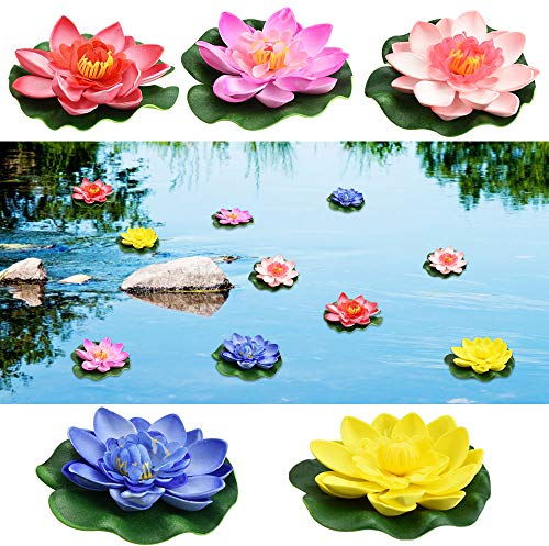 PERFETSELL 5 PCS Floating Flowers for Ponds, Artificial Foam Lotus Flowers Fake Floating Pond Plants Realistic Water Lily Pads Ornaments for Garden Pond Aquarium Fish Tank Decoration, 10cm/3.9inch