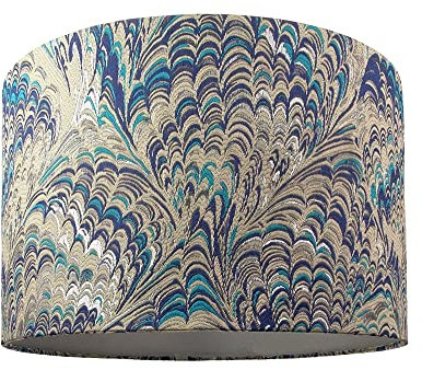 Contemporary and Vivid Peacock Print Table/Pendant Lamp Shade in Teal, Grey, Blue and Silver Cotton - 30cm with Silver Satin Fabric Inner Lining | 60w Maximum by Happy Homewares