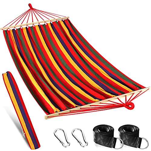 Anyoo Amaca da giardino in cotone con barre di diffusione in legno da 120 cm, Amaca singola compatta portatile con borsa da viaggio perfetta per patio all'aperto sulla spiaggia