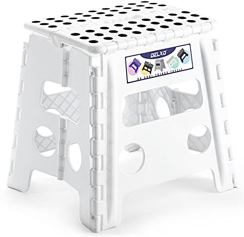 Delxo Sgabello pieghevole da 33 cm, per bambini e adulti, antiscivolo, pieghevole, con manico, in plastica, portatile, per bagno, camera da letto, cucina, supporta fino a 136 kg, bianco