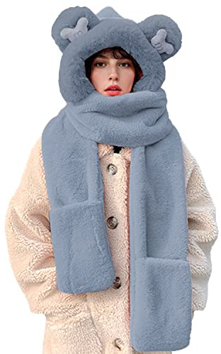 Rayson 3 en 1 Sombrero de Invierno Bufanda Guantes Traje para Mujeres Bufanda Gorro de Invierno Lindos Sombrero de Orejas de Oso Caliente Grueso Felpa Gorrita(Gris)