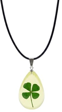Vierblättriges Kleeblatt Halskette für Damen – Resin Anhänger Glücksbringer – Wählbar: Nachtleuchtend oder Schwarz – Verstellbares Baumwollband – Schmuck Geschenk Frauen & Mädchen