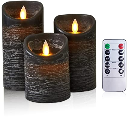 AiiBowy Led Kerzen [3er Set] Flammenlose Kerze Echtwachs Flackernde Dimmbar mit Fernbedienung Weihnachtskerzen LED Flammen 4/5/6” Tischdeko, Wohnzimmer, Weihnachten, Hochzeit, Party （Schwarz）