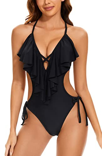 LXheysea Women's Ruffle Halter Sexy One Piece Swimsuit Cutout Monokini Bathing Suit (XS, Black)