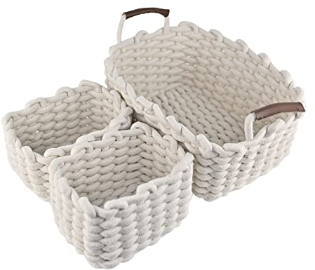 Coriver Aufbewahrungskörbe,Packung 3 Aufbewahrungskorb Bad mit Griffen,Aufbewahrungskorb Badezimmer, NatüRliche Aufbewahrungskorb Geflochten für Dekorative Babyzimmer Schlafzimmer Wohnzimmer - Weiß