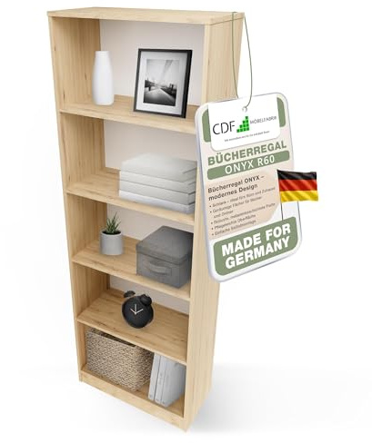 CDF Bücherregal Regal Standregal Büroregal für Ordner - Büro Wohnzimmer Homeoffice Bücherschrank zur Aufbewahrung Dokumenten Dekoration Robuste Konstruktion - Eiche Artisan 60cm