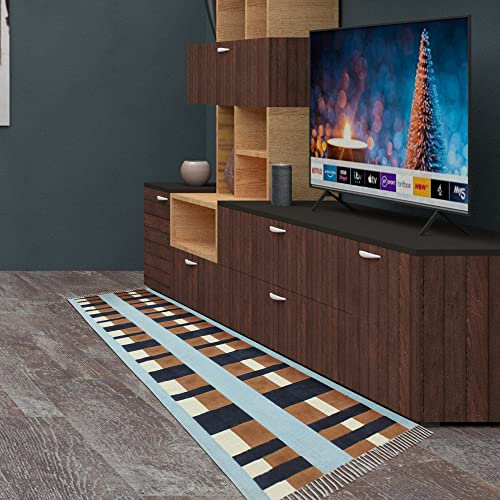 CASAVANI Handblock-bedruckter Boho-Teppich, handgefertigt, geometrisch, schwarz und mehrfarbig, Quastenteppich, Baumwolle, leicht waschbar, Bodenteppich für Fußmatte, Eingang, Wohnzimmer,