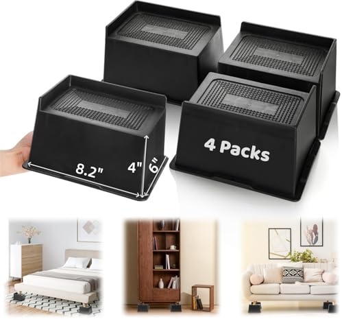 Noamus 4 Pack 4 Inch Bed Risers, Oversized Heavy Duty Couch Lifter, Extra Wide Furniture Rising Blocks for Sofa Table Desk Headboard Chair Legs Lifting Cabinet Frame, Rectangle Support 6000 lbs(Black)