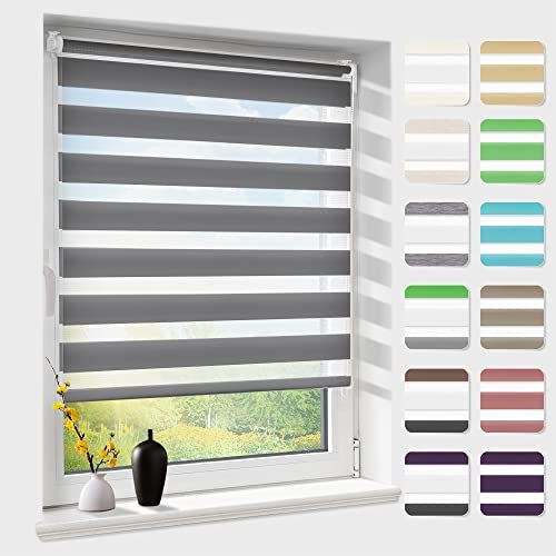 Doppelrollo klemmfix ohne Bohren, Duo Rollos für Fenster & Tür mit Bohren, Version 2025 Anthrazit B80 x H120cm, Fensterrollo lichtdurchlässig & verdunkelnd, Klemmrollo Sonnenschutz