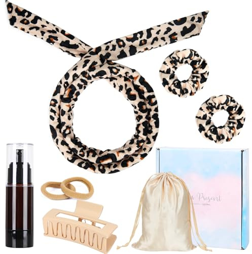 Heatless Lockenwickler Stirnband, Soft Velours Heatless Curls, Overnight Heatless Hair Curling Set, Hair Curlers No Heat for Short & Long Hair (Leopard)