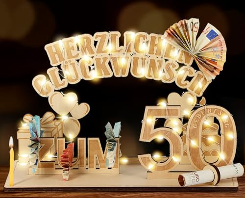 Giftota Original 50. Geburtstag Geldgeschenke Holz mit LED Lichterkette | Geschenke zum 50 Geburtstag Mann Frau, 50. Geburtstagsgeschenk Dekoration