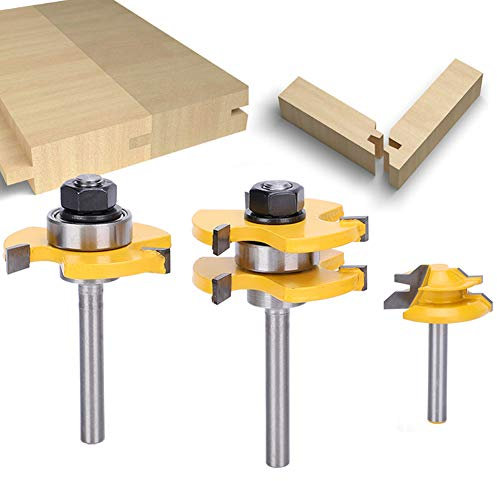1/4 Inch Shank Router Bit Set, 3PCS Tongue and Groove Router Bits, 45 Degree Joint Router Bits, 3 Teeth T Shaped Wood Milling Cutter Set for Woodworking Projects Wood Cutting