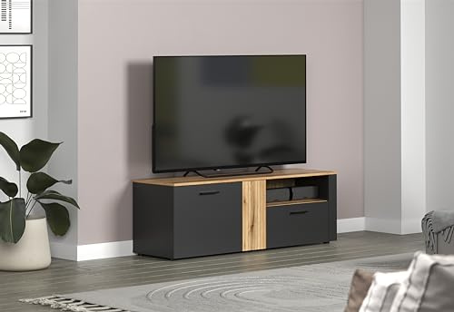 trendteam smart living - Esteban - TV-Schrank - Anthrazit/Eiche - TV-Lowboard in eleganter Rillenoptik - (BxHxT) 150 x 50 x 42 cm - Fernsehtisch mit schwarzen Griffen