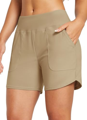 BALEAF Badshorts för kvinnor magkontroll UPF50+ badbyxor, snabbtorkande simbyxor, hög midja, boardshorts, simunderdel med fickor, En-brun, L