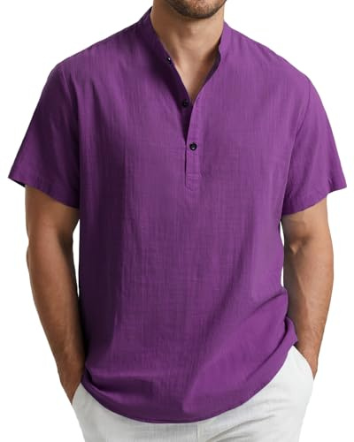 Enlision Chemise Lin Homme Manches Courtes Col Mao Chemise Été Hommes Leger en Coton Lin Chemise de Plage Classique Casual Henley Shirt S-4XL