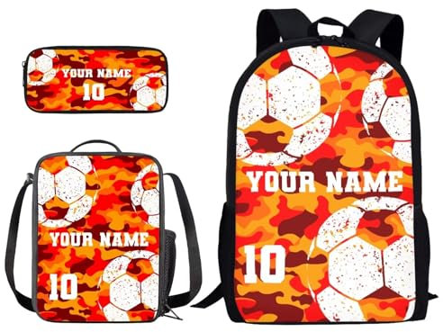 Poceacles Schulrucksack-Set für Kinder, 3-teiliges Set, für Jungen und Mädchen, Büchertasche mit Lunchbox, Federmäppchen, lässiger Tagesrucksack-Set, Fußball – Orange Jagd Camo, Einheitsgröße