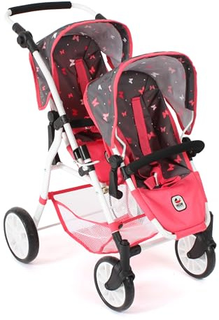 Bayer Chic 2000 - Twinny Doll's Pram, Twin Doll's Pram for Two Dolls, Twin Buggy for Children from 4 to 8 Years, Butterfly, Coral, 691-47