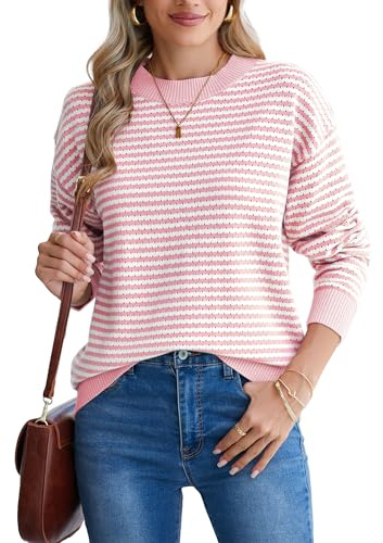 Famulily Pull rayé creux en tricot à col rond et manches longues pour femme, rose, L