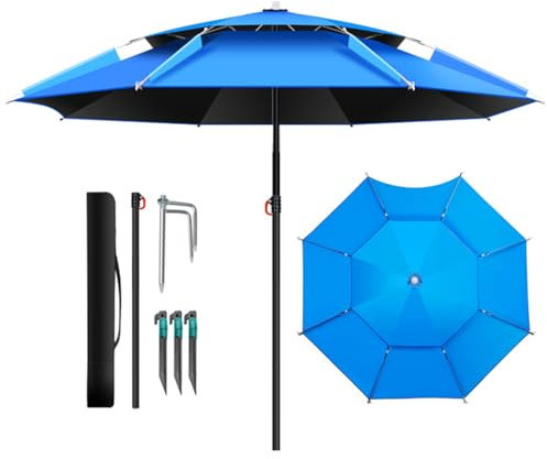 Ombrellone da Giardino ombrellone da pesca antivento all'aperto Ombrellone da Spiaggia Portatile con ancoraggio di sabbia Doppio Telo Ventilato(Blu,240cm)