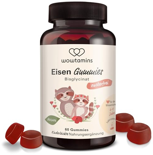 wowtamins Eisen Bisglycinat mit Vitamin C (60 Stück) - Zuckerfreie & Vegane Eisen Gummies - Hochdosiertes Eisenpräparat als Nahrungsergänzungsmittel für Kinder und Frauen bei Eisenunterversorgung