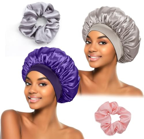 DWFEYOI Cuffia di Seta,Berretto da Notte in Raso,2 Pezzi Cappello per Capelli per Dormire in Raso con 2 Pezzi Scrunchies per Donna e Ragazza,cuffia raso(viola scuro, grigio)