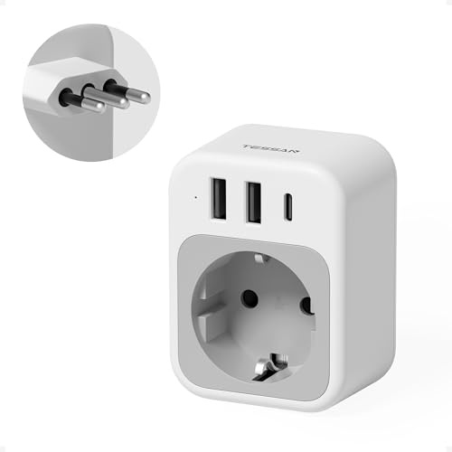 TESSAN Adapter Italien Steckdose, Typ L | Reiseadapter Italien Stecker Adapter mit USB C und 2 USB A, Steckdosenadapter für San Marino, Chile, Uruguay, Libyen, Eritrea