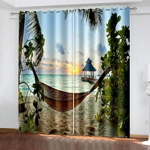 Beydodo Vorhänge Verdunkelung mit Ösen, Blickdichte Gardinen 2er Set 132x214CM Landschaft Sonnenuntergang Strand Hängesessel Verdunklungsvorhänge Jugendzimmer Schlafzimmer Wohnzimmer