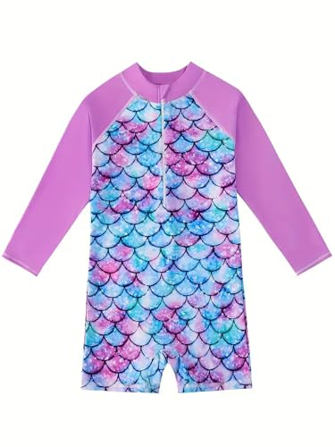 corimori Meerjungfrau Badeanzug für Kinder, Langarm Einteiler, Lila 130, Fischschuppen Design, UV-Schutz