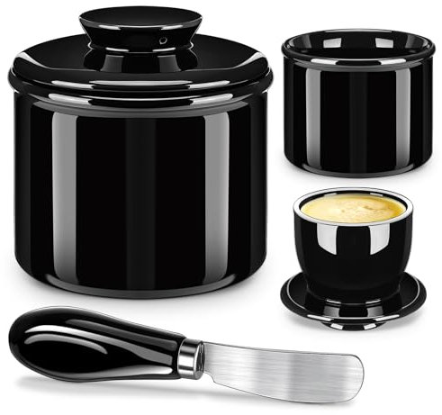Mexgcom Burriera in Porcellana, Burriera Francese in Ceramica con Coperchio e Coltello Per Burro, Campana di Burro in Ceramica Per Lento, Contenitore al con Design Vintage (Nero)