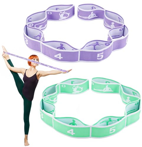 Meng Jiaran 2 Pcs Stretching Bands, Yoga Straps with 8 Adjustable Loops, Stretch Bands for Exercise, Leg and Hamstring Stretcher for Gymnastics, Pilates, Yoga, Dance, Fitness Resistance (Green Purple)