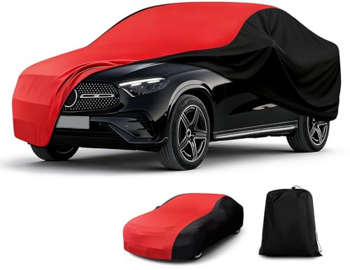 CEMOFE Universal Autoabdeckung Indoor Stretch Kompatibel mit Audi, BMW, Mercedes-Benz, Volkswagen, Staubdichte Abdeckplane Auto, Autoplane Indoor für Luxuslimousine, Passgenauigkeit,Rot & Schwarz -XXL