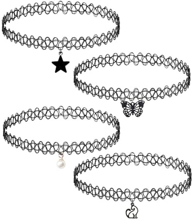 JUKOTA 4 Pièces Colliers Ras du Cou, Collier Tatouage Ras Du Cou, Style des Années 90 Élastique Collier Ras du Cou pour Femmes Filles, Choker Chaîne Ensemble, pour Femme - Noir
