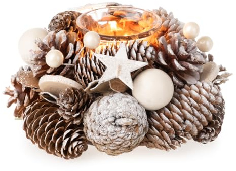 itsisa Adventsgesteck mit Zapfen, Stern, Kugel und Teelichtglas D:18 cm - Adventsdeko, Adventskranz, Weihnachten, Advent, Weihnachtsdeko, weihnachtliche Tischdeko