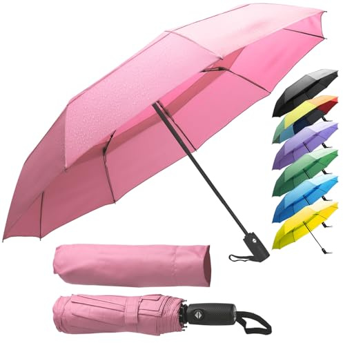 ZENO Travel Umbrella Compact - Small Umbrella for Backpack & Purse, Portable Automatic Umbrellas for Rain, Windproof, Reinforced Fiberglass Ribs, Water-Repellent Teflon, Pink