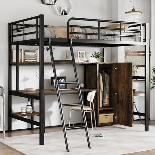 Merax Hochbett Metallbett 90x200cm, Stabile Etagenbett mit Kleiderschrank, Schreibtisch, Offene Regale, Platzsparend Funktionsbett Stockbett mit Lattenrost, Rausfallschutz, Jugendhochbett, Schwarz