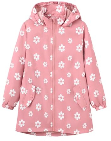 Regnrock barn, fleecekappa med tryck och huva vinterrock vattentät andningsbar utomhusjacka lätt vindtät trenchcoat bekväm varm regnponcho för vandring och camping, ROSA, 120