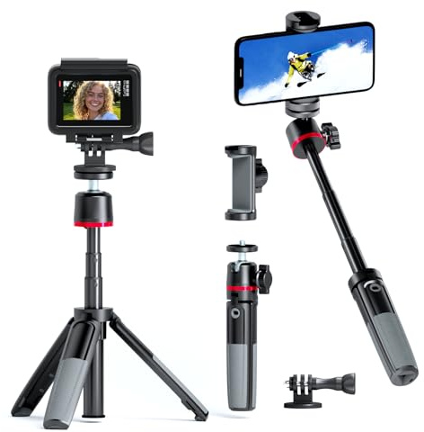 KINGJOY Mini Camera Tripod & Vlog Selfie Stick, Portable Extendable Desk Stand with 360° Ball Head and Cold Shoe, Travel Vlogging Gear Compatible with Action Cameras, Pocket 3, Insta360 & Phones