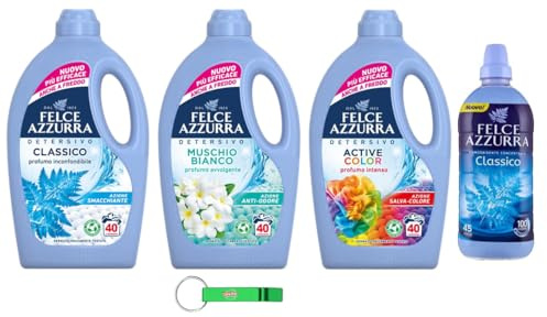 Felce Azzurra - Detersivo liquido per lavatrice, 3 x 1595 ml, 40 lavaggi + 1 ammorbidente concentrato da 900 ml + portachiavi Beni Culinari gratuito
