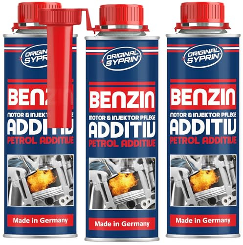 SYPRIN Benzin Additiv für Motorenleistung, Pflege der Injektoren 3x250ml | Benzinzusatz für bessere Motorenleistung und Abgaswerte - Zusatz gegen Verkorkungen an Ventilen und Einspritzdüsen