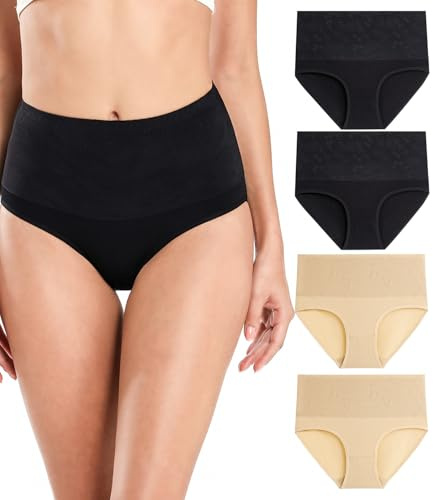 wirarpa Bauchweg Unterwäsche Damen Bauch Weg Unterhosen Baumwolle Slips 4er Pack Schwarz Beige Größe M
