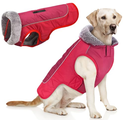 Idepet Hundemantel warme Jacke, wasserdichter Haustiermantel Schneeanzug, reflektierende Winddichte Hundekleidung für kleine mittelgroße Hunde rot schwarz