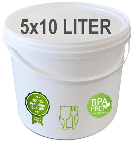 plasteo® 5 Stück 10 Liter Eimer mit Deckel weiß stabil stapelbar lebensmittelecht absolut dicht