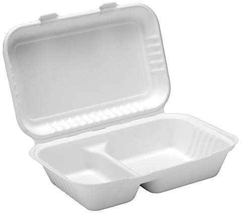 Thali Outlet - 50 x Biodegradable 9.6 White 2 Compartment Lunch Box Strong - Bagasse Disposable Paper Hot Food - Great for Take Away's/Cafe's/Events/Professional/Parties