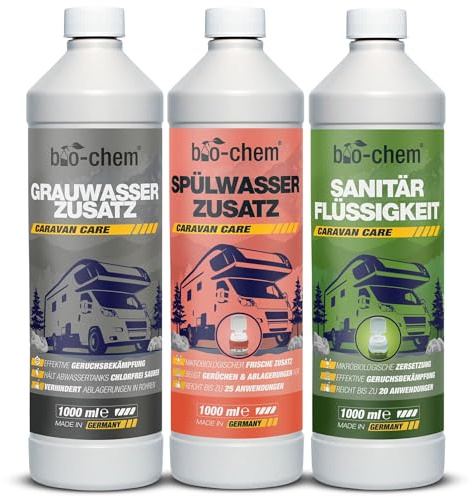 bio-chem Campingtank Set 3-teilig Sanitär & Grauwasser | Je 1L Sanitärflüssigkeit, Grauwassertank-Zusatz und Spülwasser-Zusatz | Campingtoiletten-Zusätze