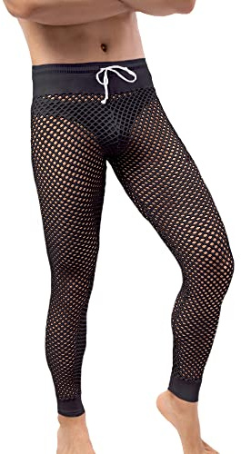QiaTi Pantaloni da Uomo in Rete Fishnet con Maglia Trasparente, Leggings Muscolosi Elasticizzati, Pantaloni Lunghi con Laccetti per Uomo, A-nero., M