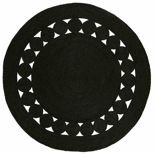 DNR Fibra natural india negra tikki yute 5x5 pies cuadrados (150x150 cm) alfombra redonda alfombra de mimbre, alfombra tan tejida, alfombra de cuero de vaca
