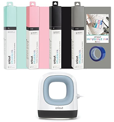 Cricut EasyPress Mini Heat Press Machine Zen Blue and Cricut Infusible Ink Bundle Small Portable Heat Press For T-Shirts Shoes Bags Small Projects Sublimation Sheets in Black Mint Rose Prink Warm Grey