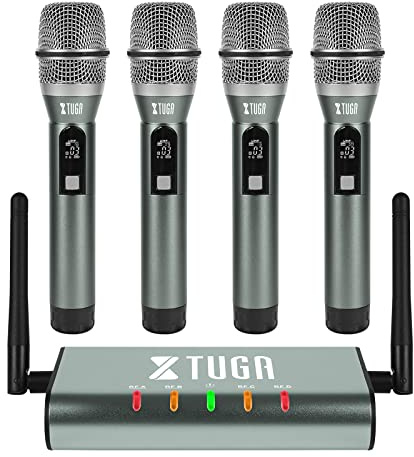 XTUGA UF4600 - Sistema microfonico wireless UHF a 4 canali, microfono senza fili con 4 microfoni e mini ricevitori, struttura in metallo, lunga distanza 50 m per chiesa, feste, eventi all'aperto